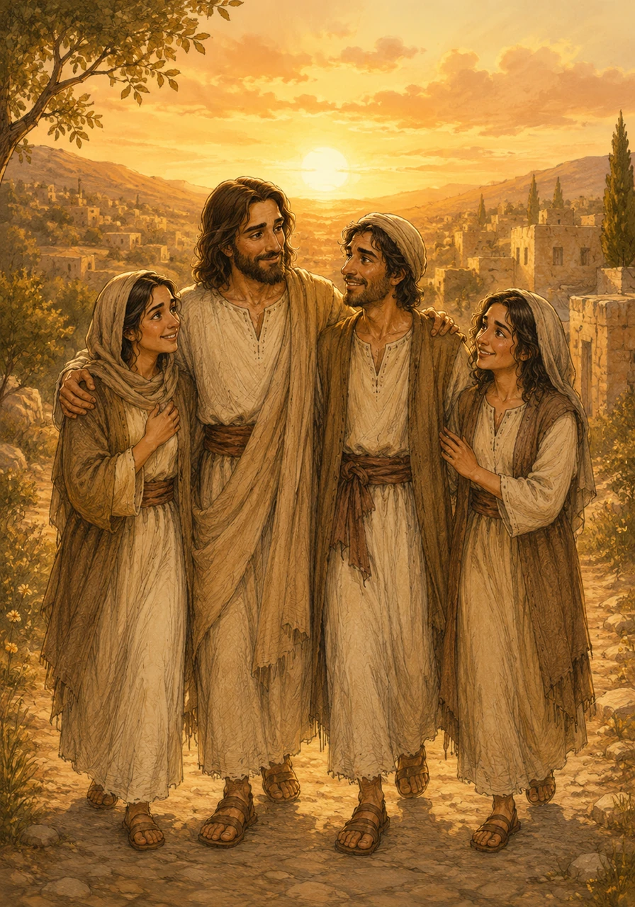 Sob o pôr do sol dourado que coroa a vila, Lázaro e suas irmãs caminham felizes ao lado de Jesus. A lição daquele dia inesquecível fica gravada para sempre no coração de todos: Jesus é o nosso melhor amigo e Aquele que nos traz a verdadeira vida.