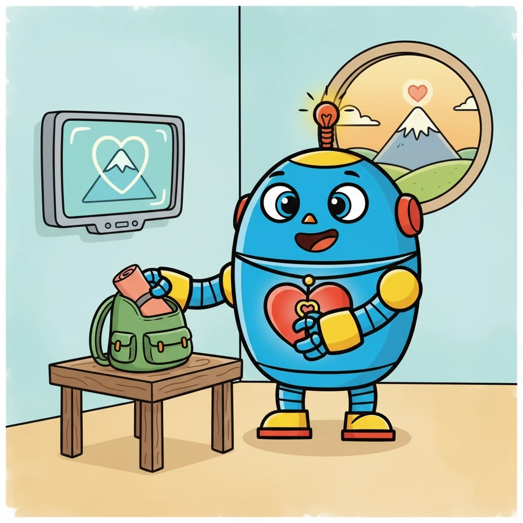 One morning, a message blinked on Robby's screen: "Seek the Heart of the Mountain." Excitement sparked in his core. He knew this was his chance to find what he was looking for, so he packed his small backpack.