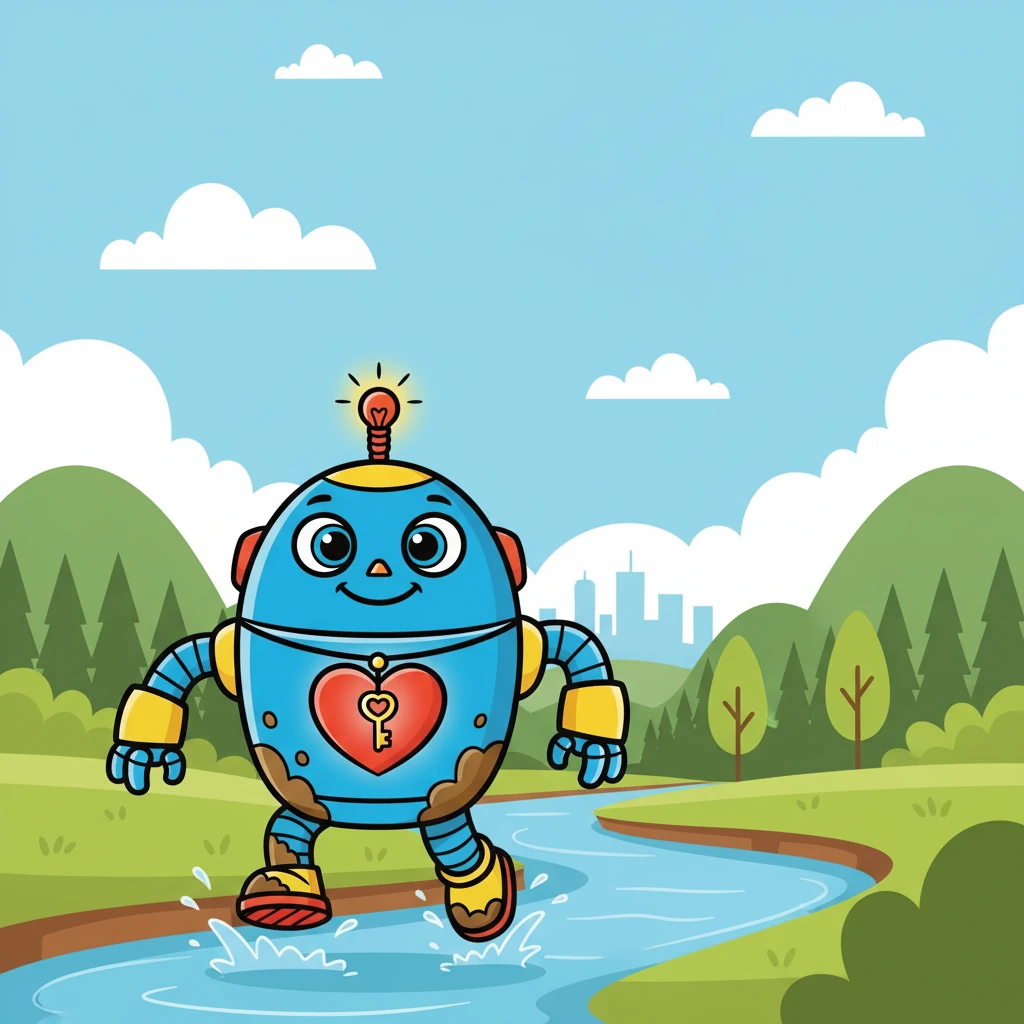 Robby rolled out of the city, through forests, and across rivers. The journey was long, and his gears became muddy, but he kept going. Determination fueled his every movement; he wouldn't give up.