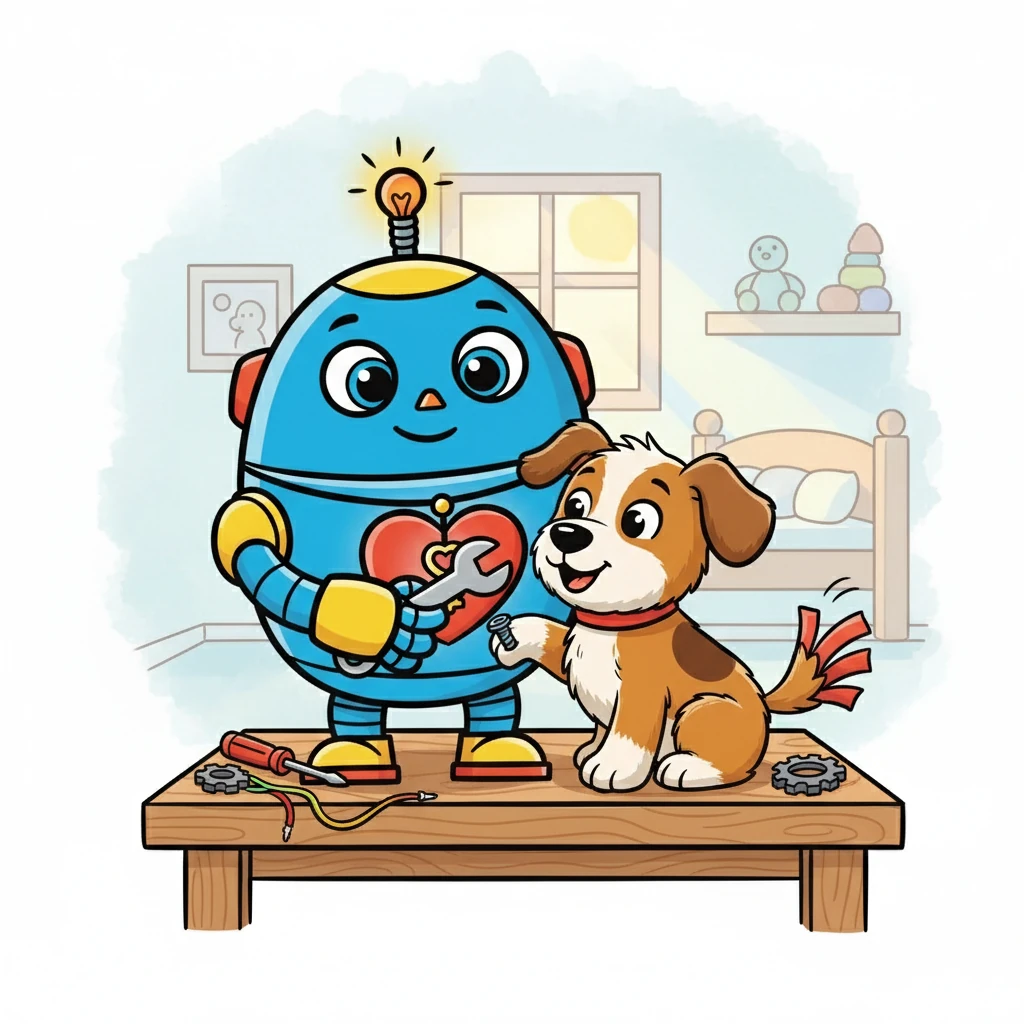 With careful precision, Robby fixed the toy dog's leg, screwing it back together with a tiny wrench. "Thank you!" barked the toy dog, wagging its tail. "You're kind, just like a human."
