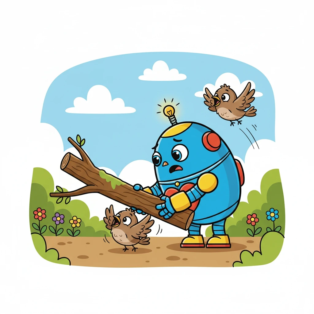 Later, Robby found a small bird trapped under a fallen branch. It chirped with fear. Robby gently lifted the branch, setting the bird free, watching it fly up into the sky.