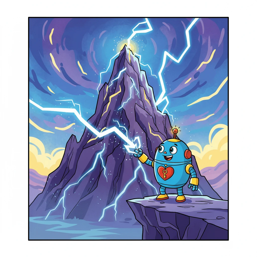 Finally, Robby reached the Mountain of Sparks, a towering peak where lightning danced across the jagged rocks. The air crackled with energy, and the sky was a canvas of electric light.