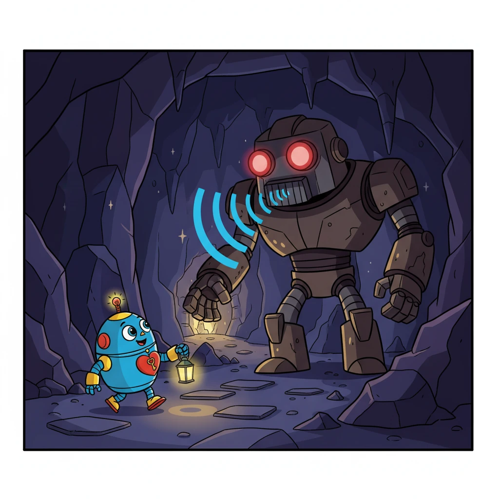 Inside a dark cave, a giant robot guardian stood guard. Its metal frame gleamed, and its eyes glowed red. "Who dares seek the Heart of the Mountain?" the guardian boomed.