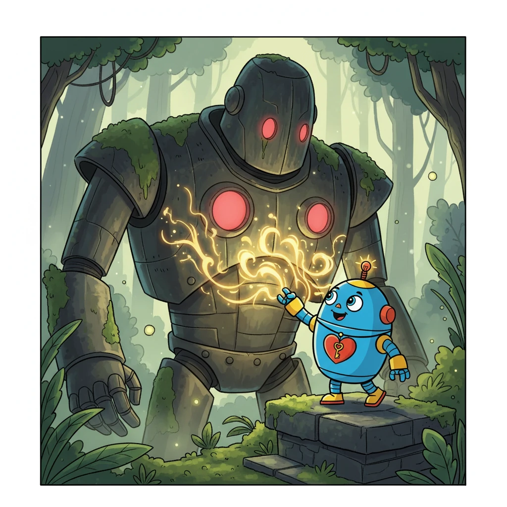 "I am Robby," he said bravely. "I want to feel love, like humans do." The guardian's red eyes softened, and a gentle light flickered within its massive form.