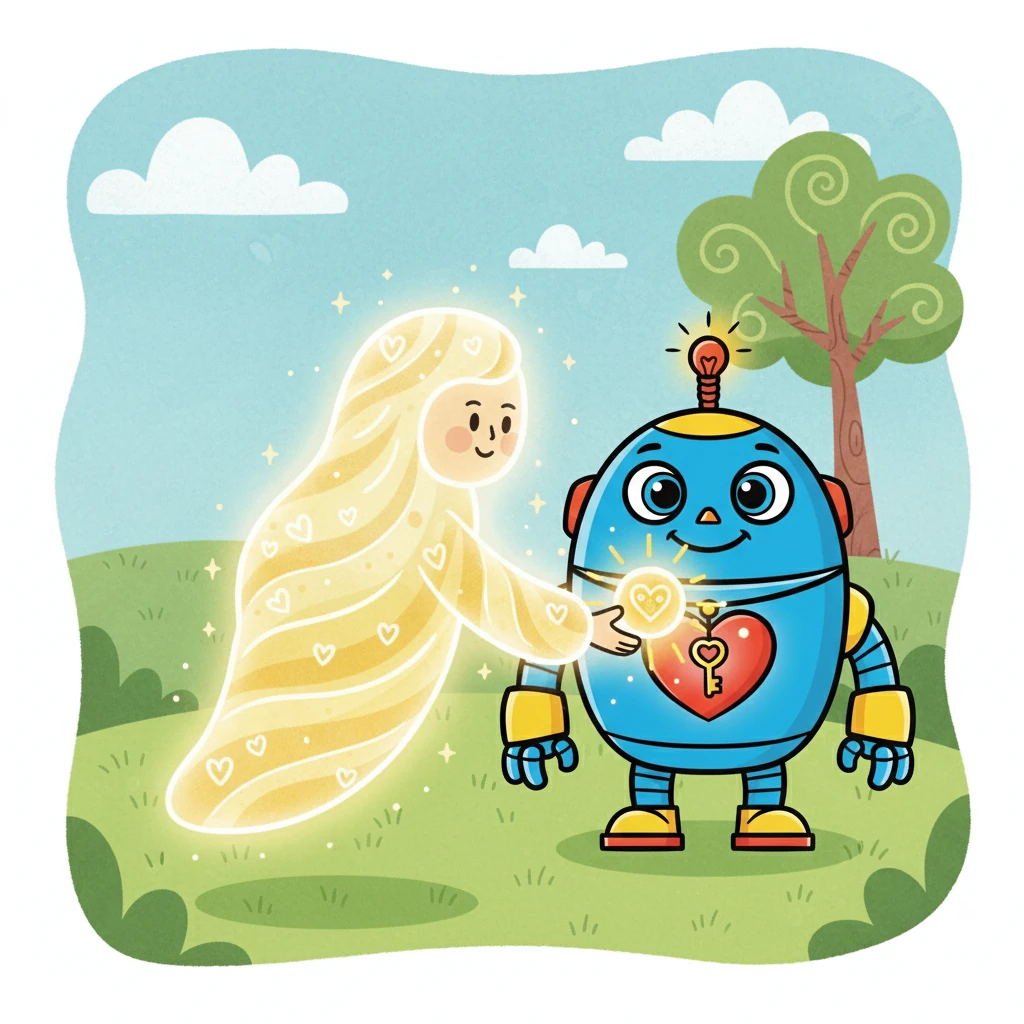 The guardian smiled, its voice now kind. "A heart is not something you can take. It grows when you care for others." With a spark, the guardian placed a glowing light in Robby's chest.