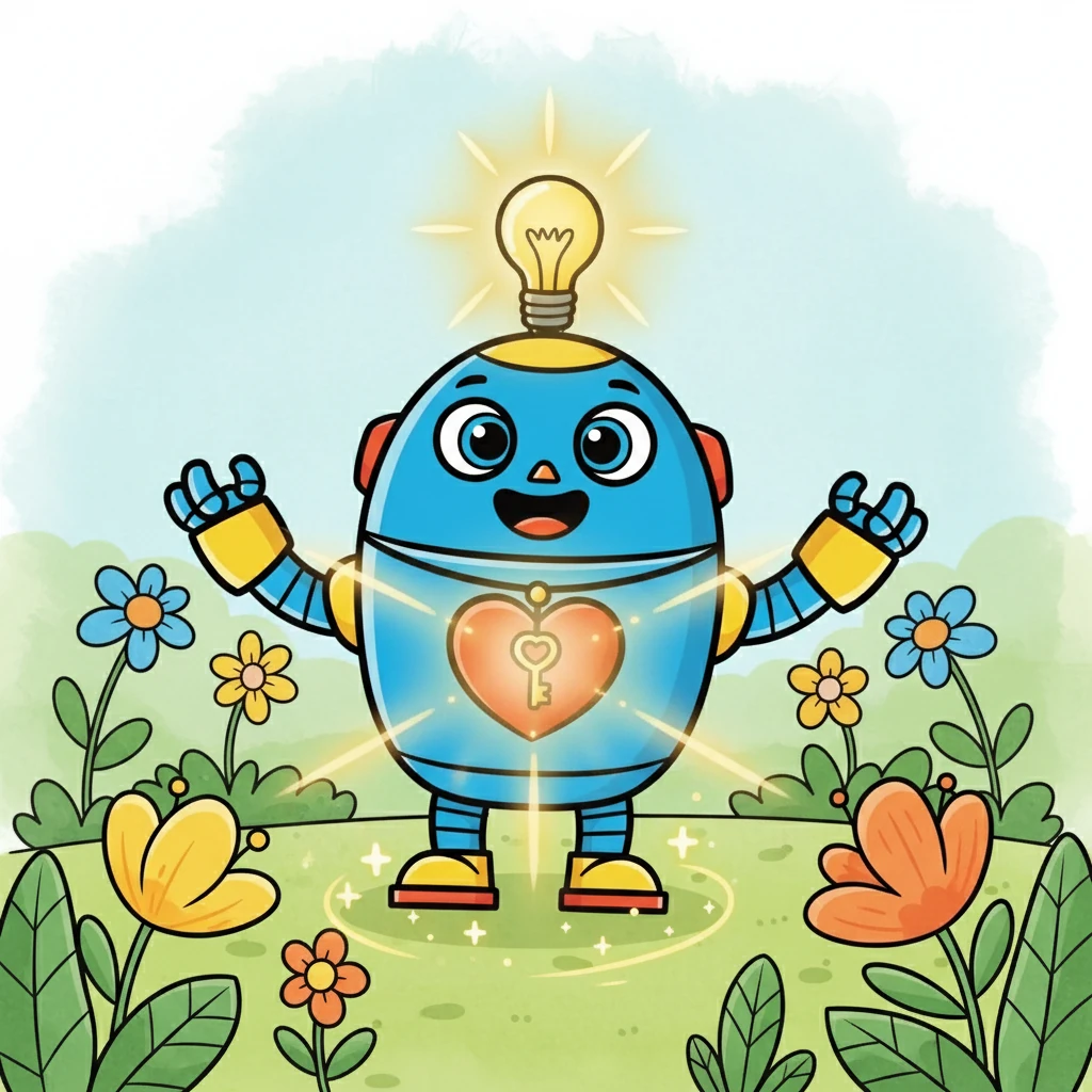 The spark didn't replace his battery; it made his internal light shine with warmth and a soft gold glow. Robby realized the truth: he already had a heart, and it was filled with kindness.