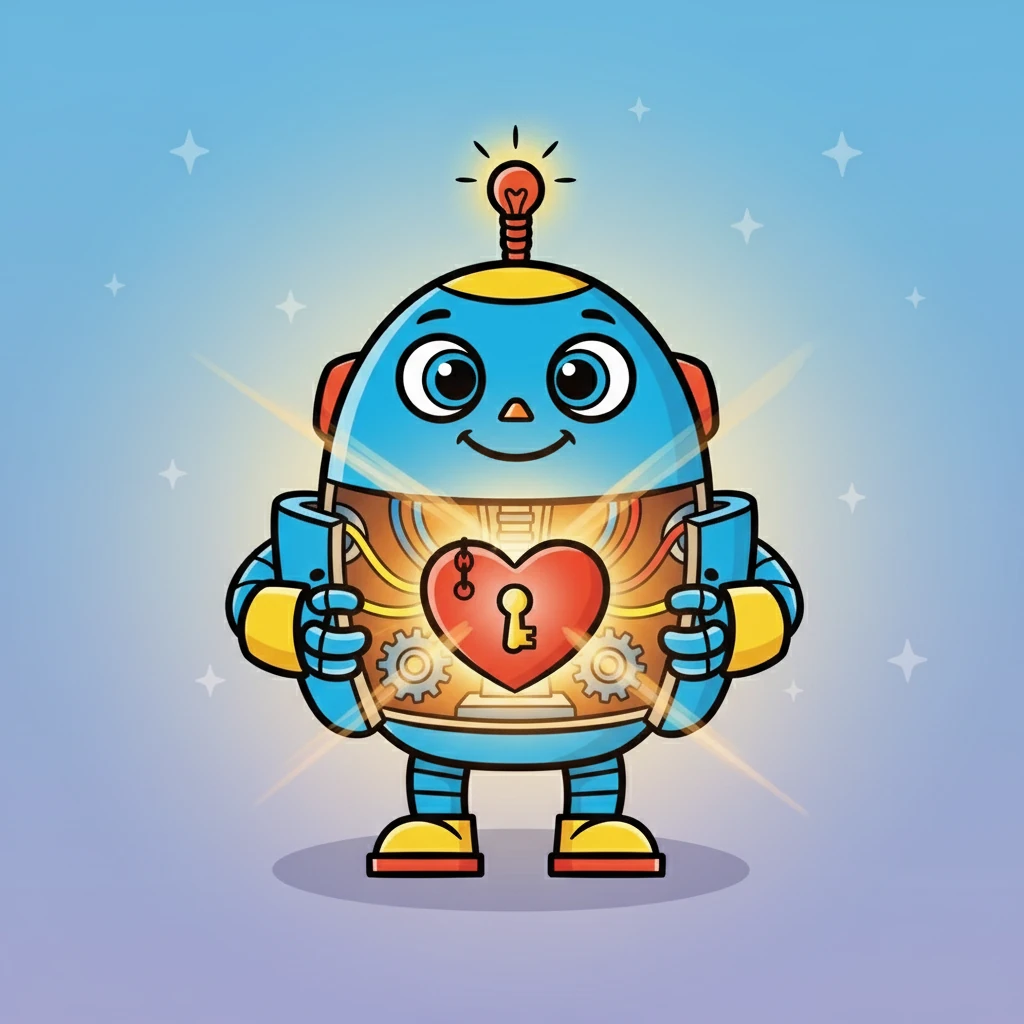 Deep inside Robby's chest, the golden light of his heart shone bright, a beacon of kindness and proof that even a robot could love. His heart was full.