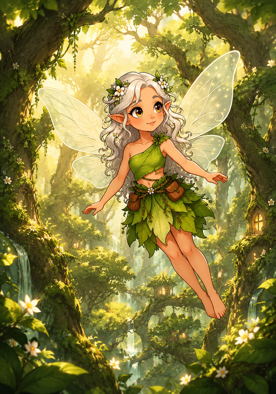 High among the ancient, moss-covered oaks of the Whispering Woods, a small, delicate plant faerie named Elara floated gracefully through the air. Her silver-white hair, woven with tiny white flowers and green leaves, caught the soft golden light that pulsed like a living thing through the canopy. With her translucent grey-green wings sparkling, she watched over her peaceful home with large eyes full of quiet wonder.
