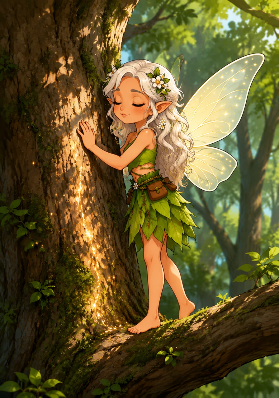 Elara landed softly on a massive branch and pressed her small hands against the rough bark of an old oak, closing her eyes to listen. She could feel the deep, steady pulse of the forest floor and the gentle hum of life flowing upward through the roots. The dappled sunlight danced around her feet, grounding her in the timeless rhythm of the trees she was sworn to protect.