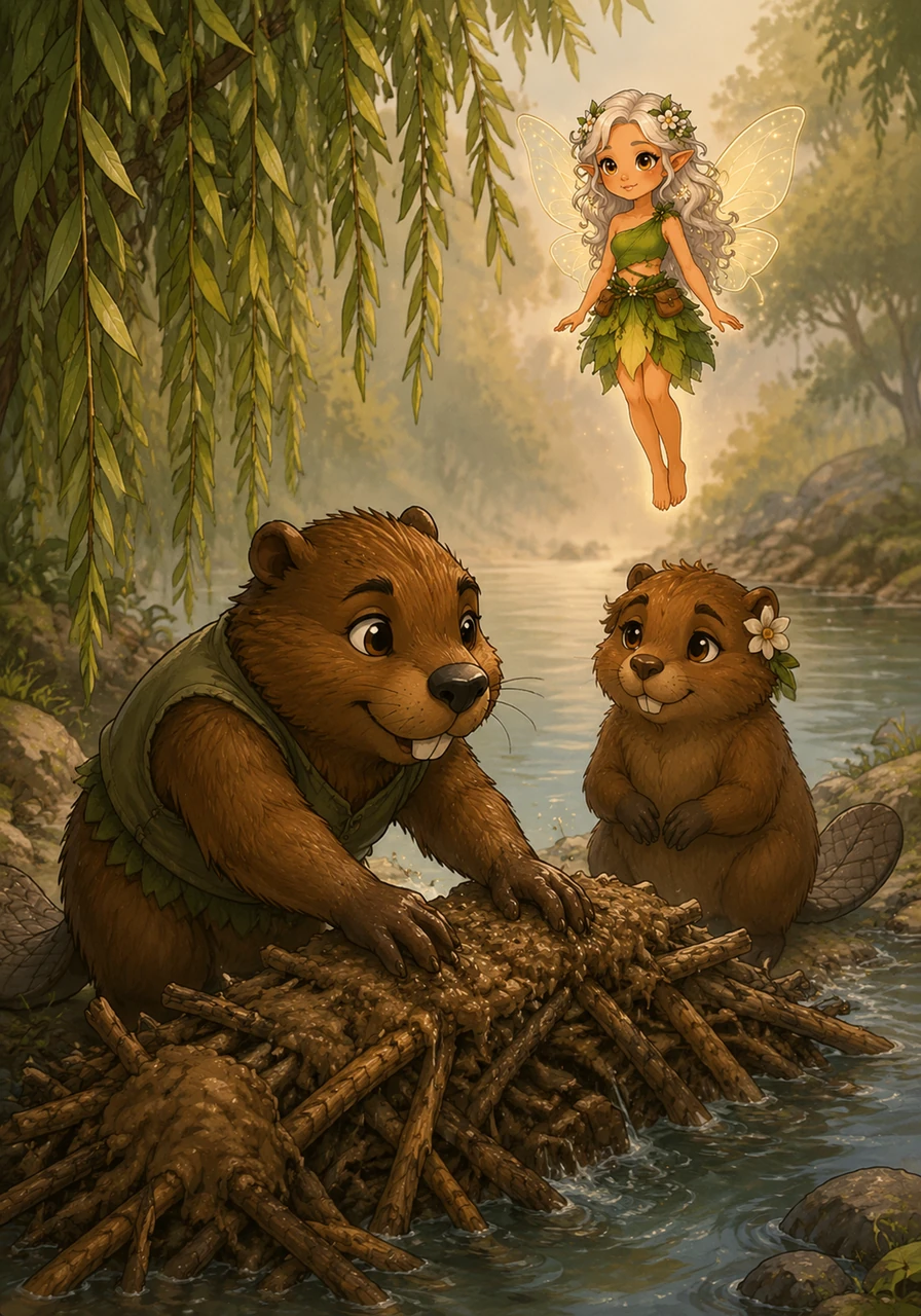 Down at the Singing River, a stocky beaver named Chuck worked tirelessly to reinforce his mud-and-branch dam under the trailing willow fronds. Nearby, another beaver named Lily watched him with a soft, patient expression, while Elara hovered quietly in the background. The silver flowers in Elara's hair shimmered in the warm mist, casting a touch of everyday magic over her hardworking friends.