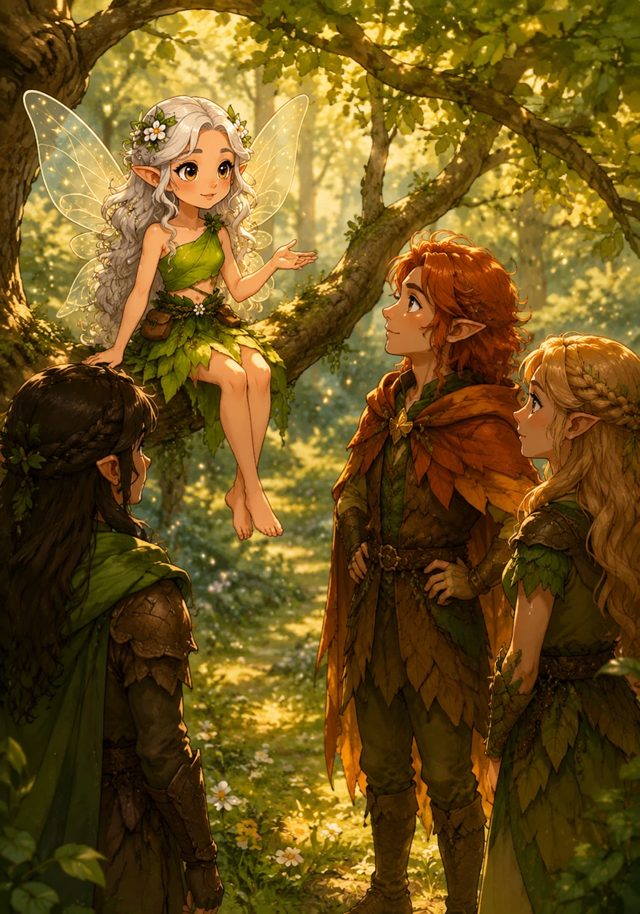 Seeking counsel, Elara rested on a low-hanging branch in a sunlit glade to speak with a young wood elf with autumn-colored hair. Two other elves stood respectfully nearby, listening intently to the little guardian. The atmosphere was thick with mutual respect and the deep comfort of an old, enduring alliance.