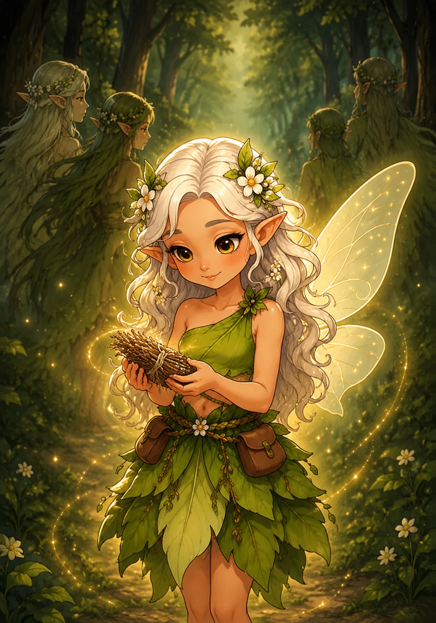 Before they parted, the elves presented Elara with a small bundle of dried sweetroot tied securely with silver bark thread. She held the precious offering in her hands, looking down at it with profound gratitude as the elves quietly disappeared into the deeper shadows of the forest. The gentle, mysterious light wrapped around her, sealing the quiet bond they shared.