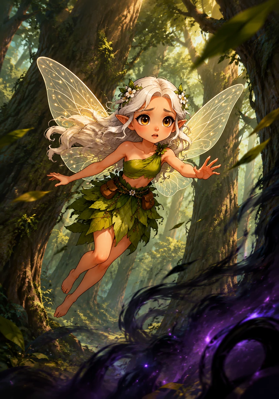 As Elara flew swiftly and low between the ancient trunks, an unsettling shift in the wind made her graceful movements falter. The forest light remained beautiful, but it now carried a faint, uneasy edge that made her heart tighten with worry. She could sense a wrong note vibrating through the trees, warning her that something dark was approaching.