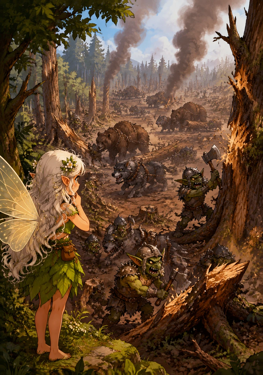 Reaching the forest edge, Elara’s worst fears were realized as a raw, jagged scar of churned earth and jagged stumps ripped through the greenery. Dozens of warty, crooked-nosed goblins in crude iron armor were swinging heavy axes into the ancient trees, while yellow-eyed wargs and collared bears hauled the fallen logs away through the rising smoke and sawdust.