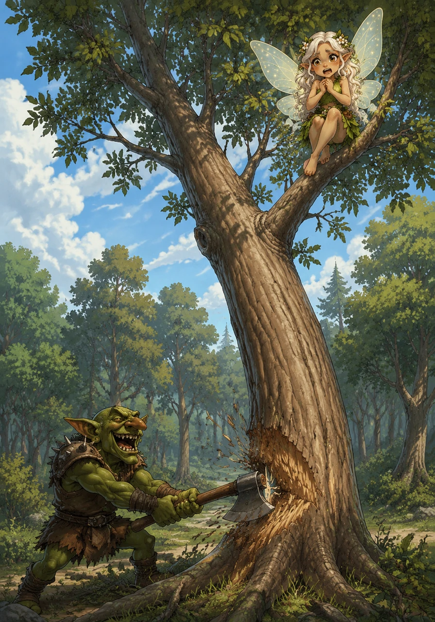 Perched high in the branches of a young ash tree, Elara watched in absolute horror as a goblin's axe bit deep into the trunk below. The tree groaned, leaning heavily as the cruel goblin laughed aloud at the destruction in the foreground. Clutching her small hands tightly to her chest, Elara felt the agonizing pain of the forest and knew she had to find a way to stop them.