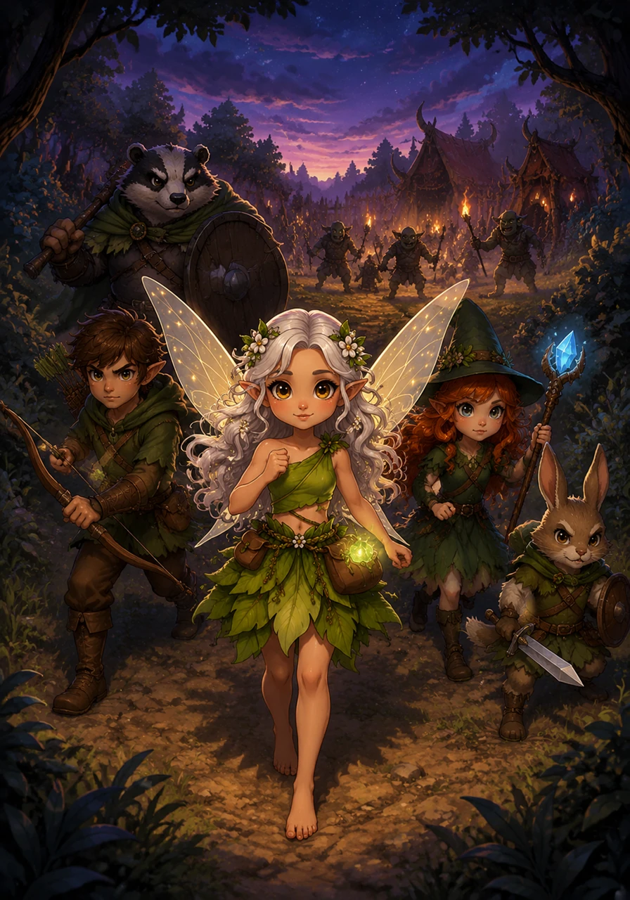 Under the cover of twilight, Elara led her small but unified alliance toward the goblin camp at the forest edge. With the sweetroot charm glowing faintly in her pouch and her friends marching steadily at her side, the little faerie felt a new kind of courage blossoming within her. They were ready to fight for the Whispering Woods, proving that even the smallest beings can protect the world when they stand as one.