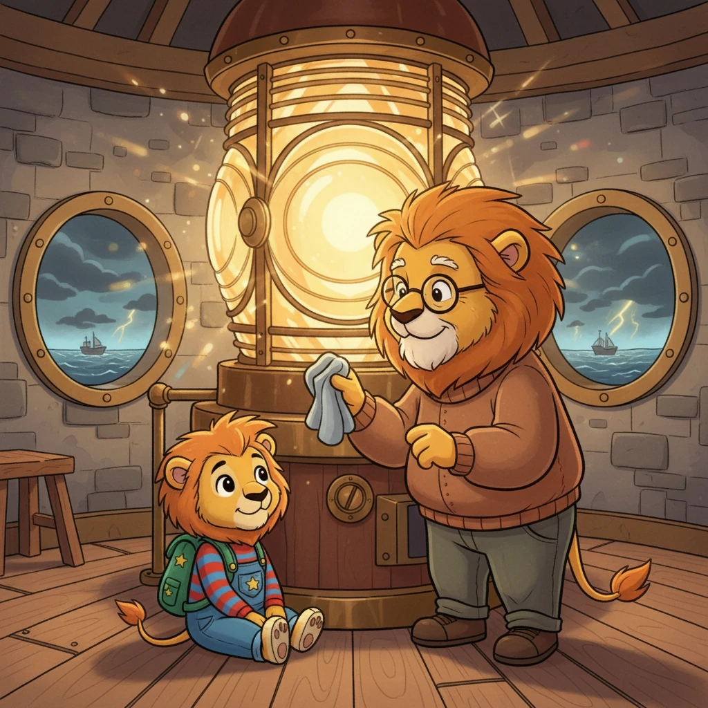 Inside the lighthouse, Leo's grandfather, the keeper, carefully polished the giant lens. He told Leo stories of navigating storms and guiding ships safely home, reminding Leo that every challenge could be overcome with courage. He emphasized the importance of self-belief when confronting the unknown.