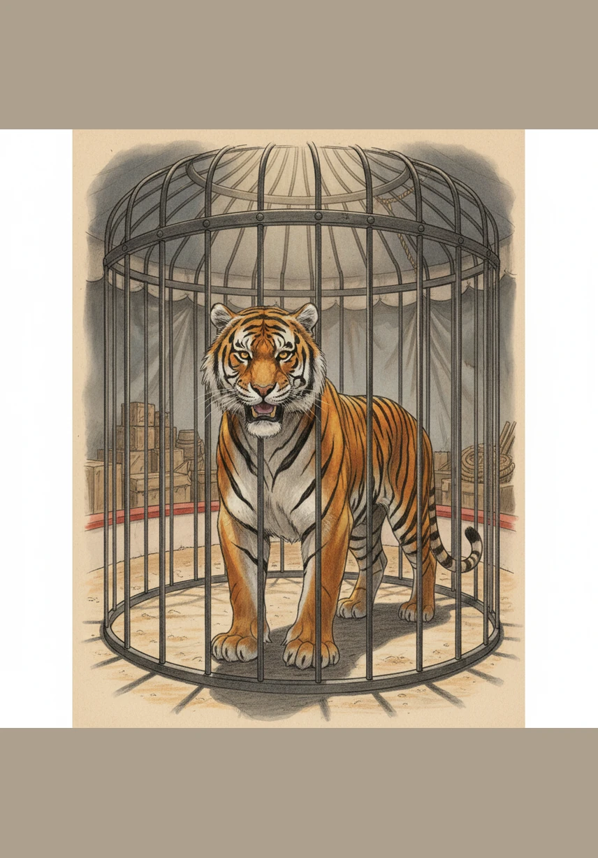 يقف النمر داخل قفصه الحديدي شامخاً وقوياً، وعيناه تلمعان ببريق الغابة البعيدة التي جاء منها. يحيط به الصمت والرهبة، بينما تظهر ملامح الكبرياء في كل حركة من حركاته المتزنة تحت أضواء السيرك الخافتة.