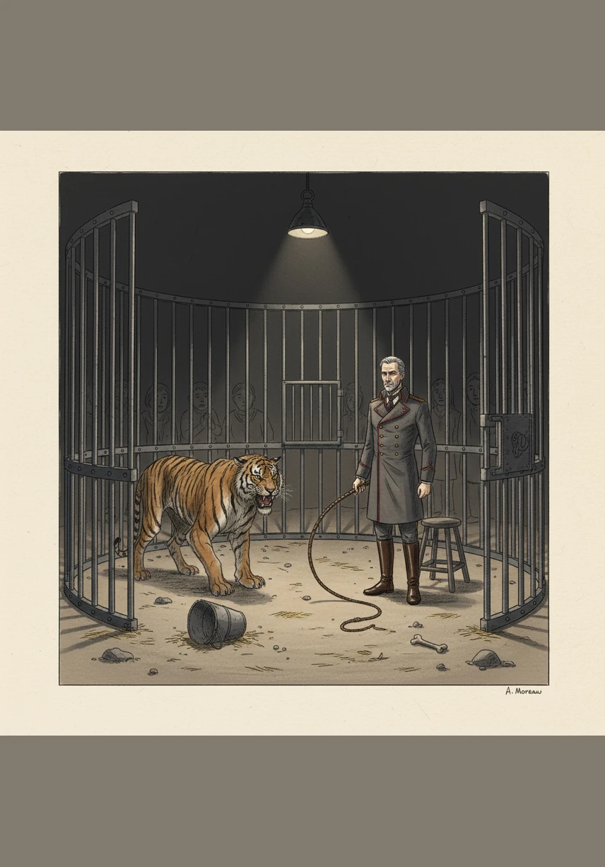 يظهر المروّض أمام القفص حاملاً قطعة من اللحم الطازج الشهي، لكنه يرفض إعطاءها للنمر الجائع. ينظر النمر باحتقار وتحدٍ إلى المروّض، شاعراً لأول مرة بقرصات الجوع التي بدأت تنهش جسده القوي.