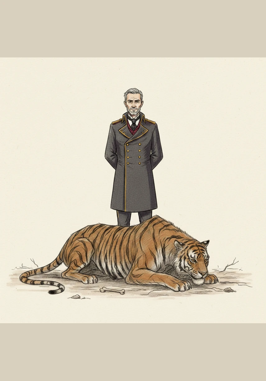 يطلب المروّض من النمر أن يموء كالقطط كشرط للحصول على طعامه، فيرفض النمر في البداية بزئير غاضب يهز الأرجاء. ومع مرور الوقت واشتداد الجوع، يخرج من حنجرة النمر مواء ضعيف ومنكسر، وسط ابتسامة المروّض المنتصرة.