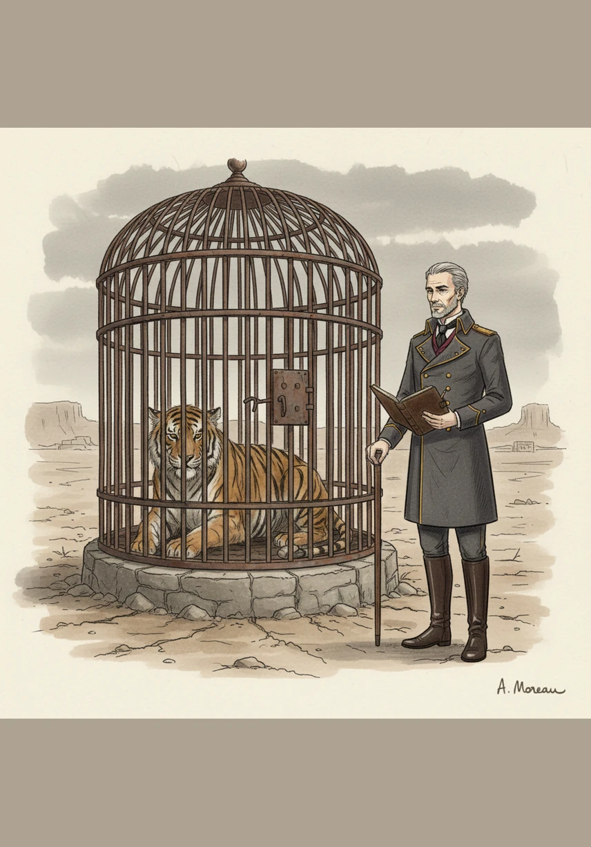 في اليوم التالي، يقف المروّض أمام القفص ويأمر النمر أن ينهق كالحمار ليأكل، فيتردد النمر وهو يتذكر هيبته القديمة في الغابة. يغمض النمر عينيه خجلاً ويصدر صوتاً لا يشبه زئيره أبداً، مقابل لقمة صغيرة تسد رمقه.