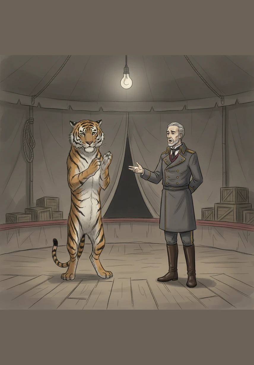 يقف المروّض ليلقي خطبة طويلة ومملة عن الطاعة والولاء، ويأمر النمر بالتصفيق له بحرارة عند كل وقفة. يبدأ النمر في ضرب كفيه ببعضهما بآلية وحزن، محاولاً إرضاء سيده الجديد ليتجنب ألم الجوع القاتل.