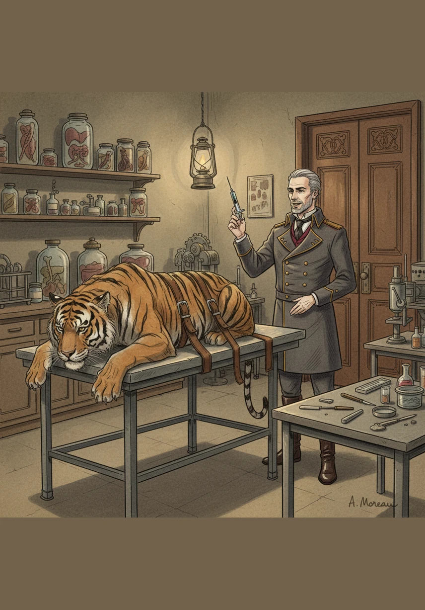 يضع المروّض حزمة من الأعشاب الجافة والأشواك أمام النمر ويأمره أن يأكلها كأنها وليمة فاخرة تليق بملك. ينظر النمر إلى العشب باشمئزاز ومرارة، لكنه في النهاية يبدأ في مضغه ببطء، فاقداً آخر ذرة من طبيعته كحيوان مفترس.