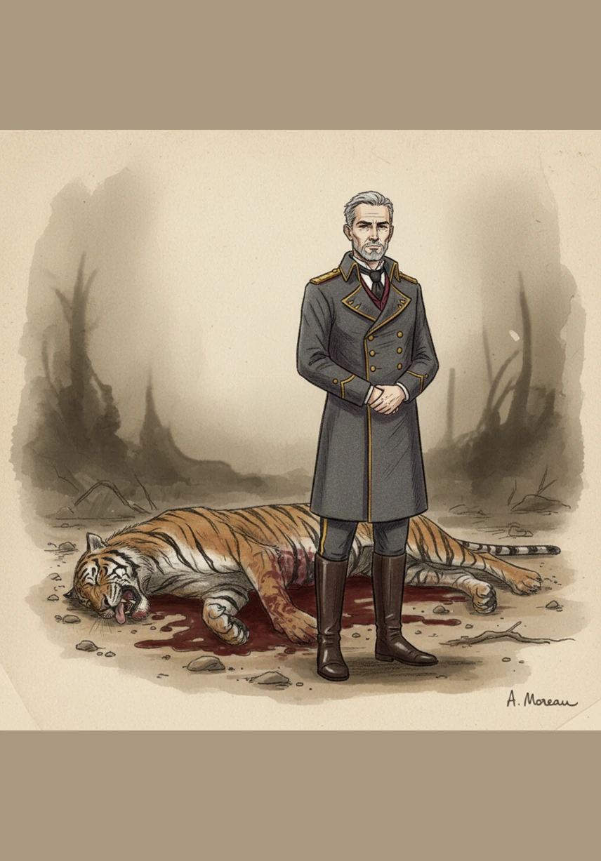 يتغير مظهر النمر بمرور الأيام، فتذبل عيناه ويهزل جسده المخطط، وتختفي النظرة المتحدية التي كانت ترهب الجميع. يجلس في زاوية القفص مطيعاً وساكناً، ينتظر أوامر المروّض دون أي تفكير في المقاومة أو المطالبة بالحرية.