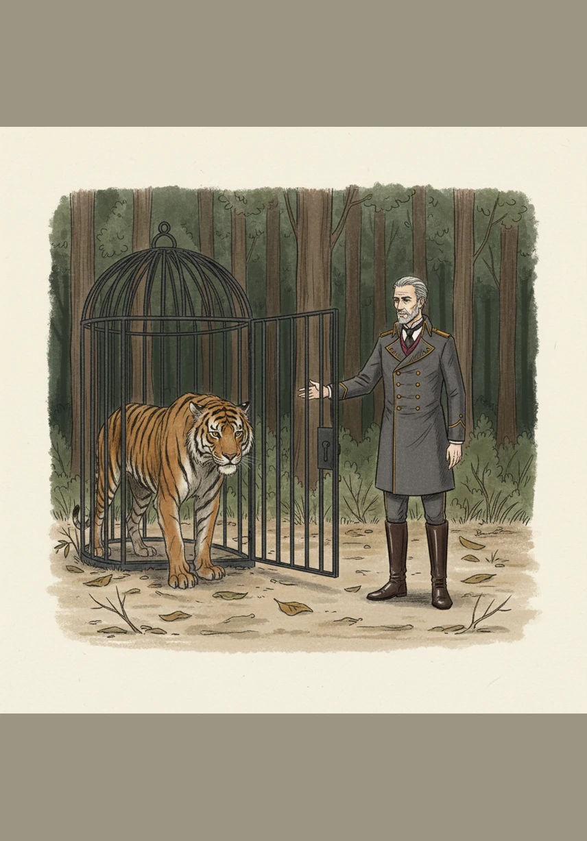 يفتح المروّض باب القفص على مصراعيه ويخبر النمر ببرود أنه لم يعد نمراً، بل أصبح مواطناً صالحاً ومطيعاً. يخرج النمر من القفص بخطوات متعثرة، لكنه لا يركض نحو الغابة المفتوحة، بل يتبع المروّض كظله.