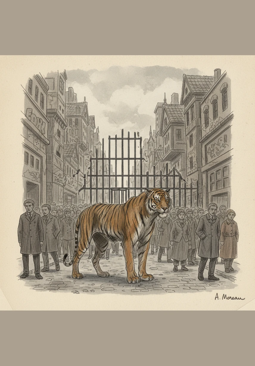 تتلاشى قضبان القفص الحديدية لتتحول إلى جدران مدينة رمادية مزدحمة وموحشة، حيث يسير النمر بين الحشود دون أن يلاحظه أحد. لقد فقد خطوطه الملونة الجذابة وهيبته الملكية، وأصبح مجرد كائن باهت في عالم يسحق الهوية الفردية.