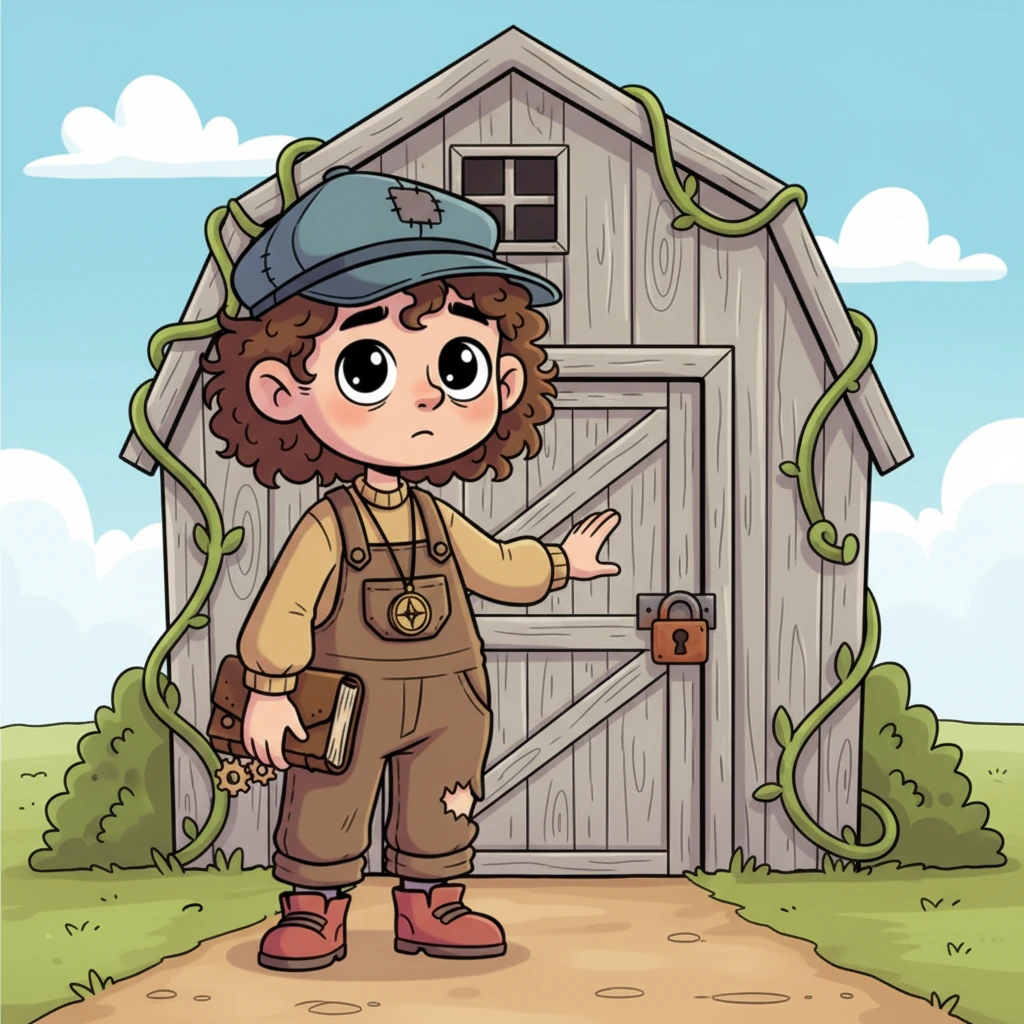 Leo, a curious boy with bright, sparkling eyes, stumbled upon an old, forgotten barn at the very edge of his grandpa's farm. Its weathered wooden planks were a soft shade of grey, and long, twisty vines snaked playfully around its creaky, mysterious door. He wondered what exciting secrets might be hiding inside its quiet walls.