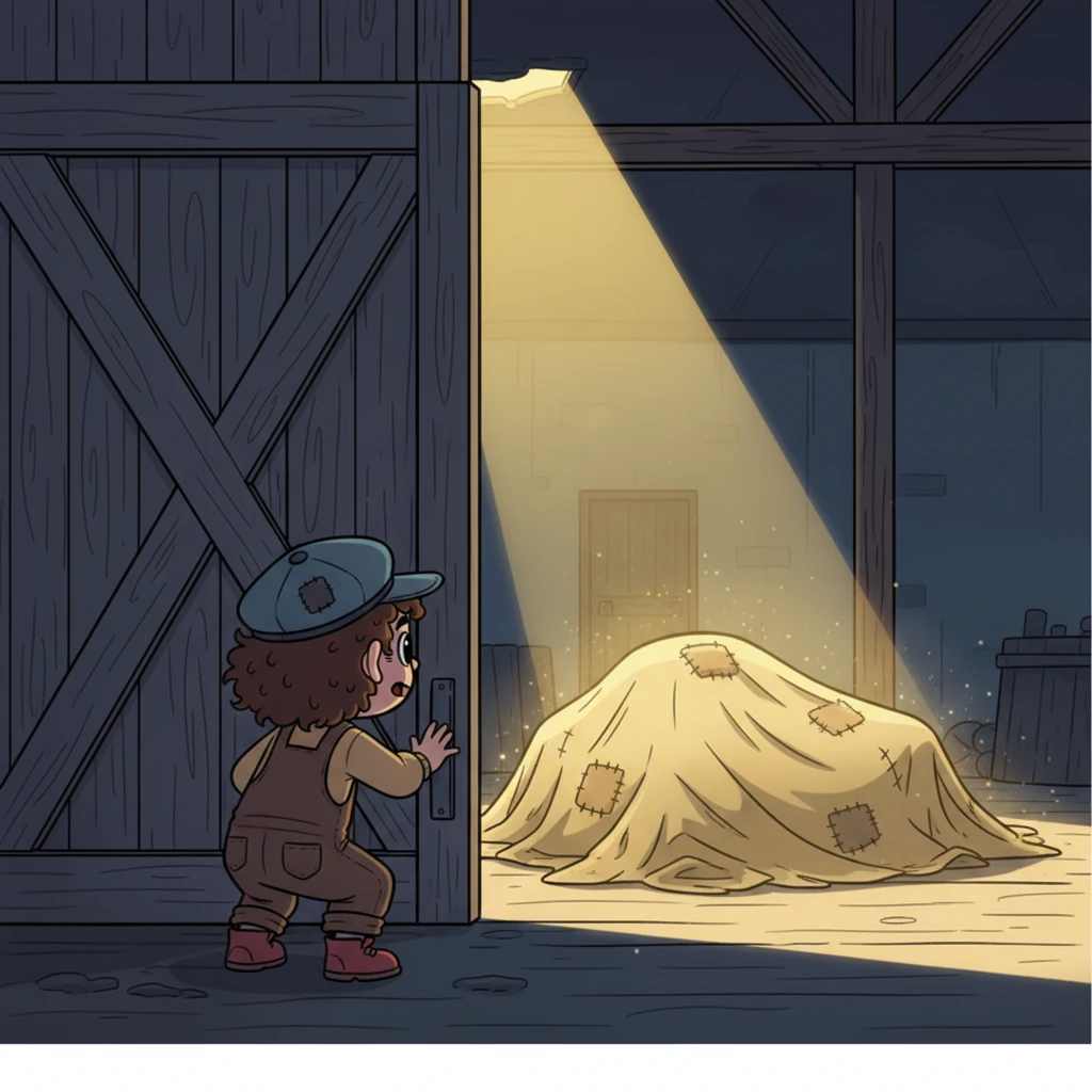 With a gentle push, Leo managed to crack open the heavy barn door just enough to peek inside the gloomy interior. A single, golden shaft of sunlight sliced through a tiny gap in the roof, illuminating a giant, lumpy shape completely covered by a thick, dusty canvas sheet. His heart began to thump with a thrilling sense of excitement.