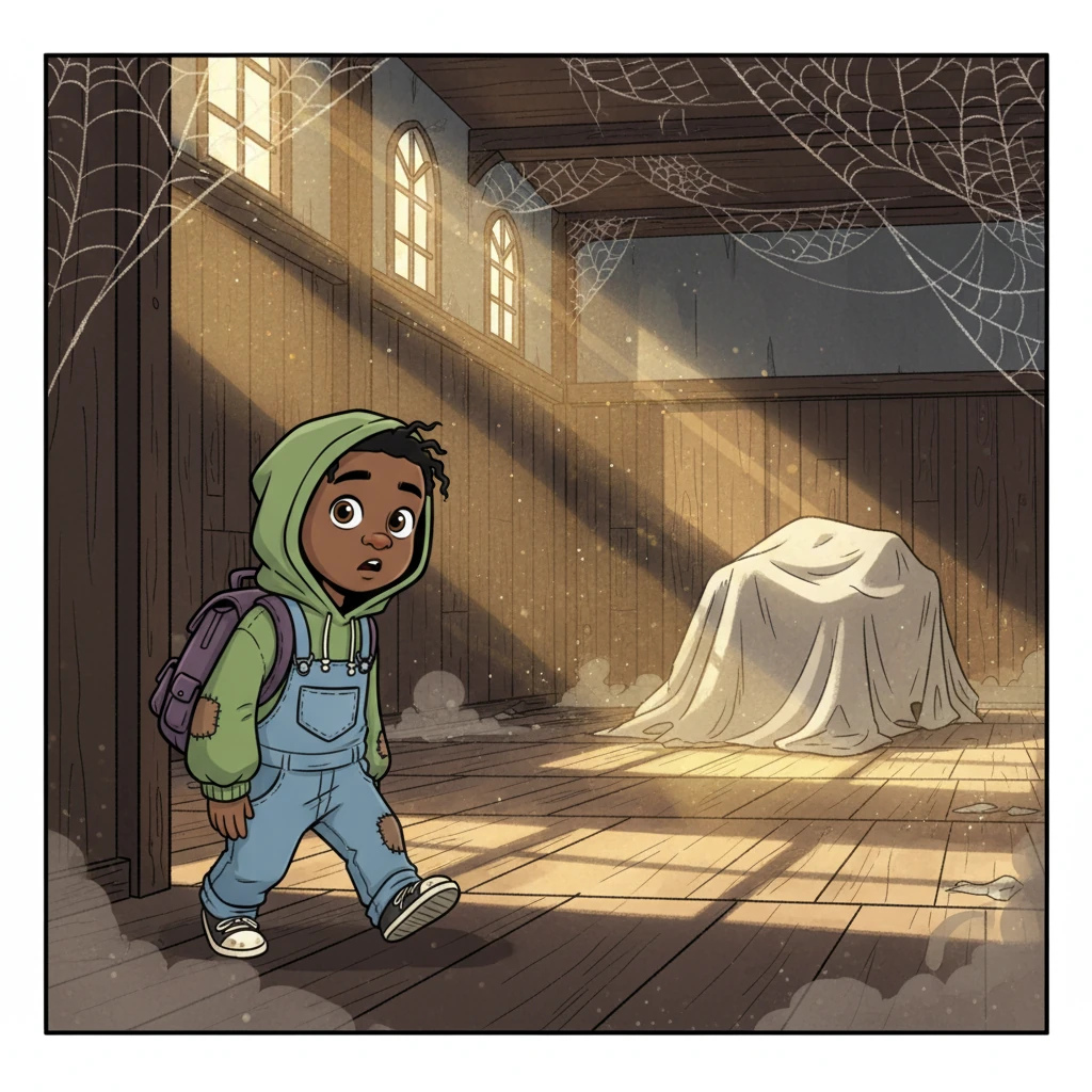 Taking a brave step inside, the air felt thick and still, smelling of old wood and forgotten time. Delicate cobwebs shimmered like ghostly, sparkling decorations hanging from the high ceiling. More playful sunbeams danced across the dusty floor, creating a magical path that seemed to lead his eyes directly towards the mysterious, covered shape.