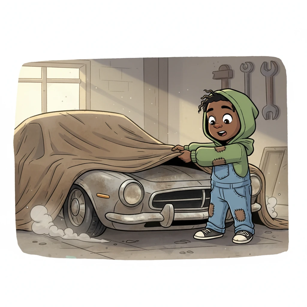 With a playful tug, Leo grabbed the edge of the canvas and pulled it back, sending a little cloud of dust swirling into the air. Underneath, revealed in all its dusty glory, sat a magnificent, though incredibly grimy, vintage car! Its sleek, powerful lines were completely hidden beneath layers of dirt and faded splendor.