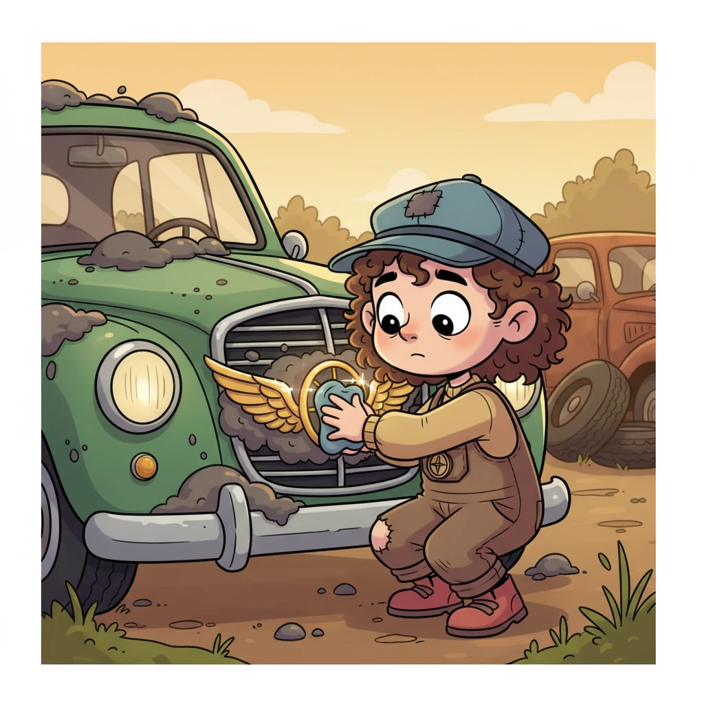 Leo's small fingers carefully traced a spot on the car's front. He gently wiped away a thick patch of dust and grime, revealing a glimmer of shiny gold beneath. Slowly, a majestic, winged emblem began to emerge, hinting at the car's powerful and exciting past.