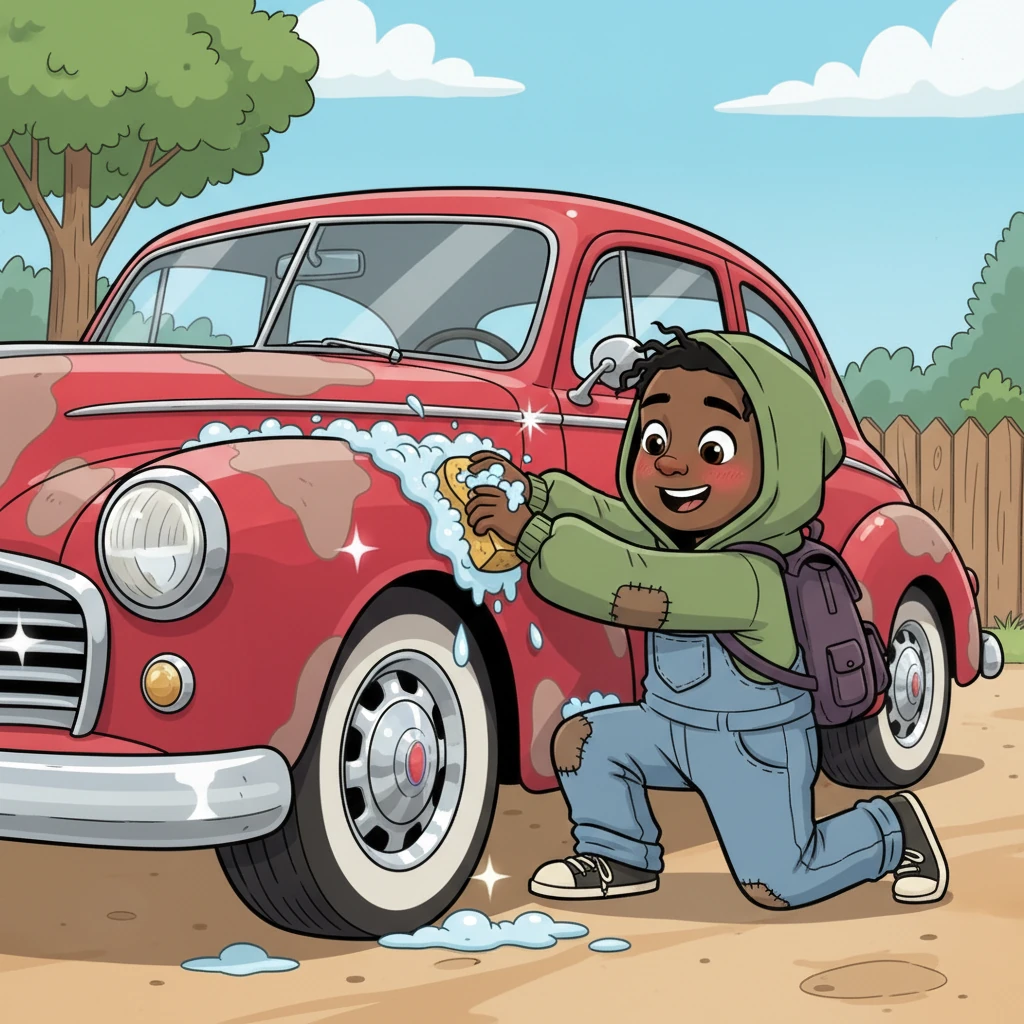 Hours seemed to fly by as Leo scrubbed and polished with joyful energy, his cheeks rosy with effort. Bit by bit, the magnificent car began to transform, shedding its dull, dusty skin like a caterpillar changing into a butterfly. Patches of vibrant red and gleaming chrome slowly started to shine through, dazzling his eyes with their brilliance.