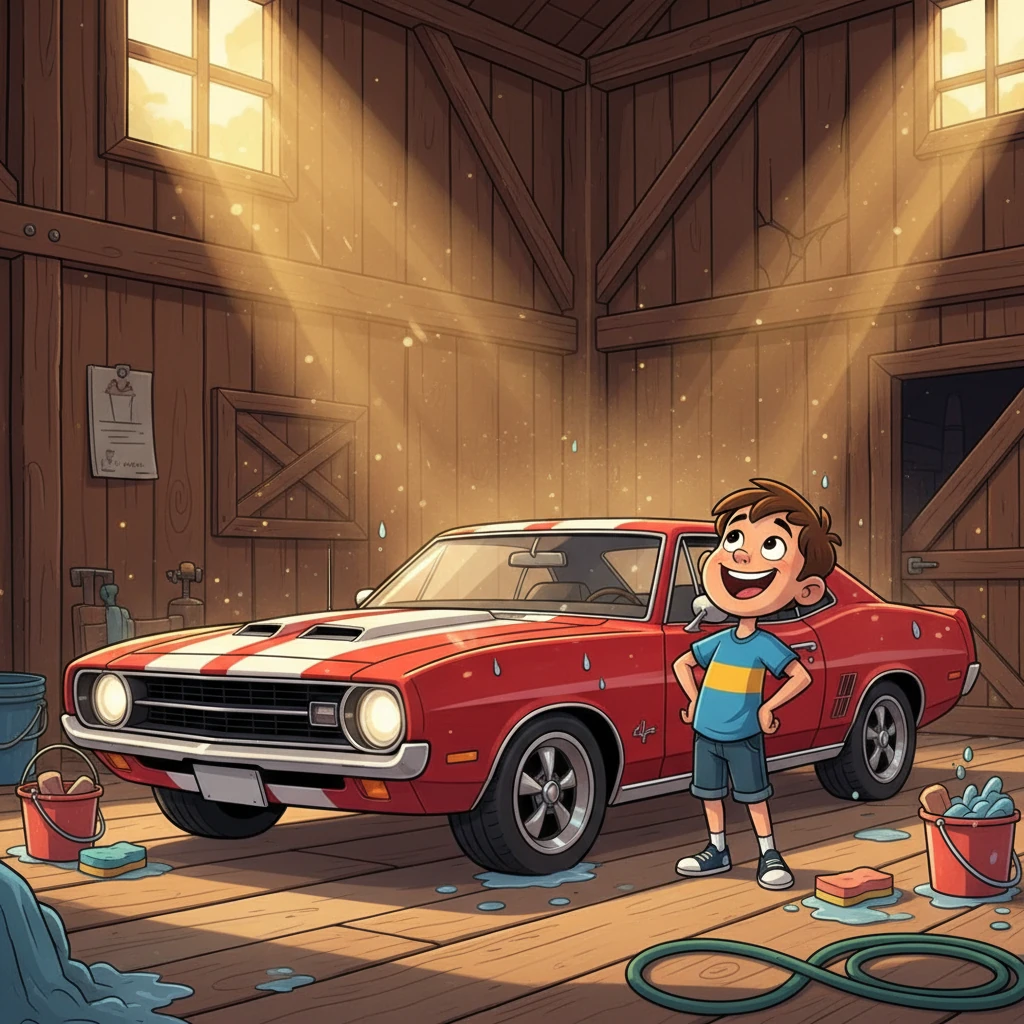 Finally, the magnificent muscle car stood mostly clean, sparkling under the barn's dusty, golden light. Its bold, racing stripes and polished rims shone with a rediscovered pride and beauty. Leo admired his hard work, a wide, triumphant grin spreading across his happy face.