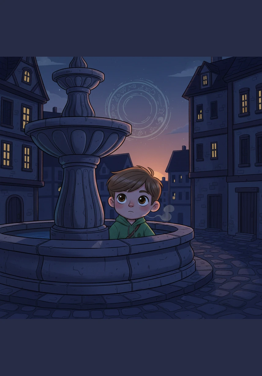 A curious boy named Elian decides to stay outside despite the warnings, hiding behind a large stone fountain. He watches as the last sliver of light vanishes, his heart beating fast in the sudden chill of the evening air.