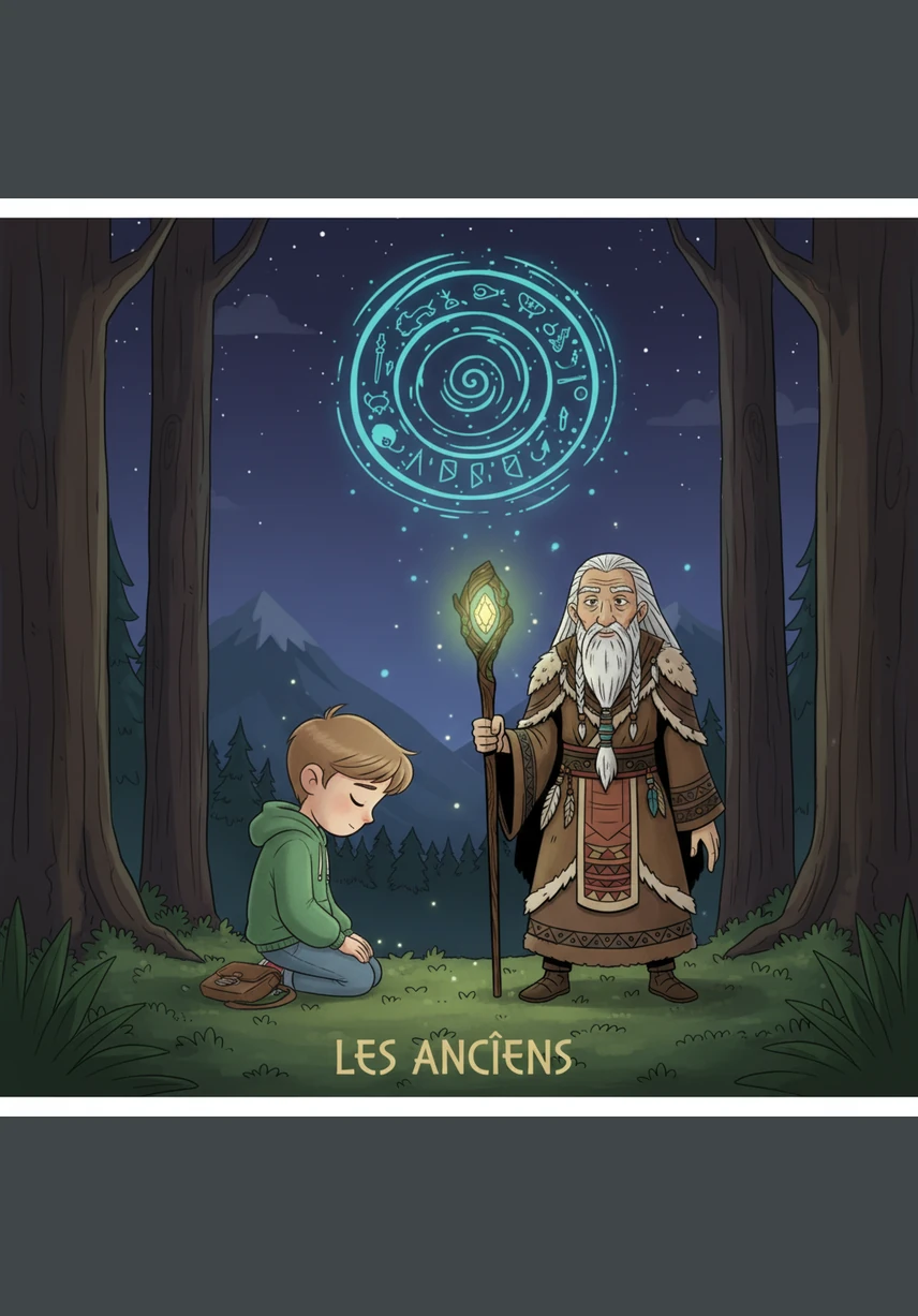 Trembling with awe, Elian bows his head as a tall ancestor pauses to look at him with a gentle, knowing smile. He understands now that this sacred night is not meant to be seen by the living, but to be honored with silence and respect.