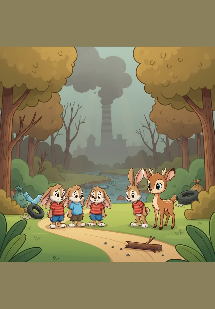 Niestety, pewnego dnia wszystko zaczęło się zmieniać, gdy w lesie pojawiły się góry śmieci i brudna woda w strumyku. Piękne kwiaty zwiędły, a radosny śpiew ptaków zastąpiła niepokojąca cisza i szary dym unoszący się między drzewami.