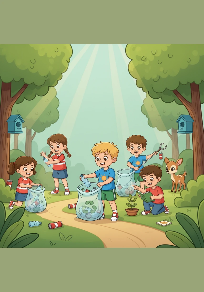 Z wielkim zapałem uczniowie zbierali każdą butelkę, papierek i puszkę, które zaśmiecały dom zwierząt. Uszatek obserwował zza krzaka, jak las powoli odzyskuje swój dawny blask dzięki staraniom i ciężkiej pracy małych ekologów.