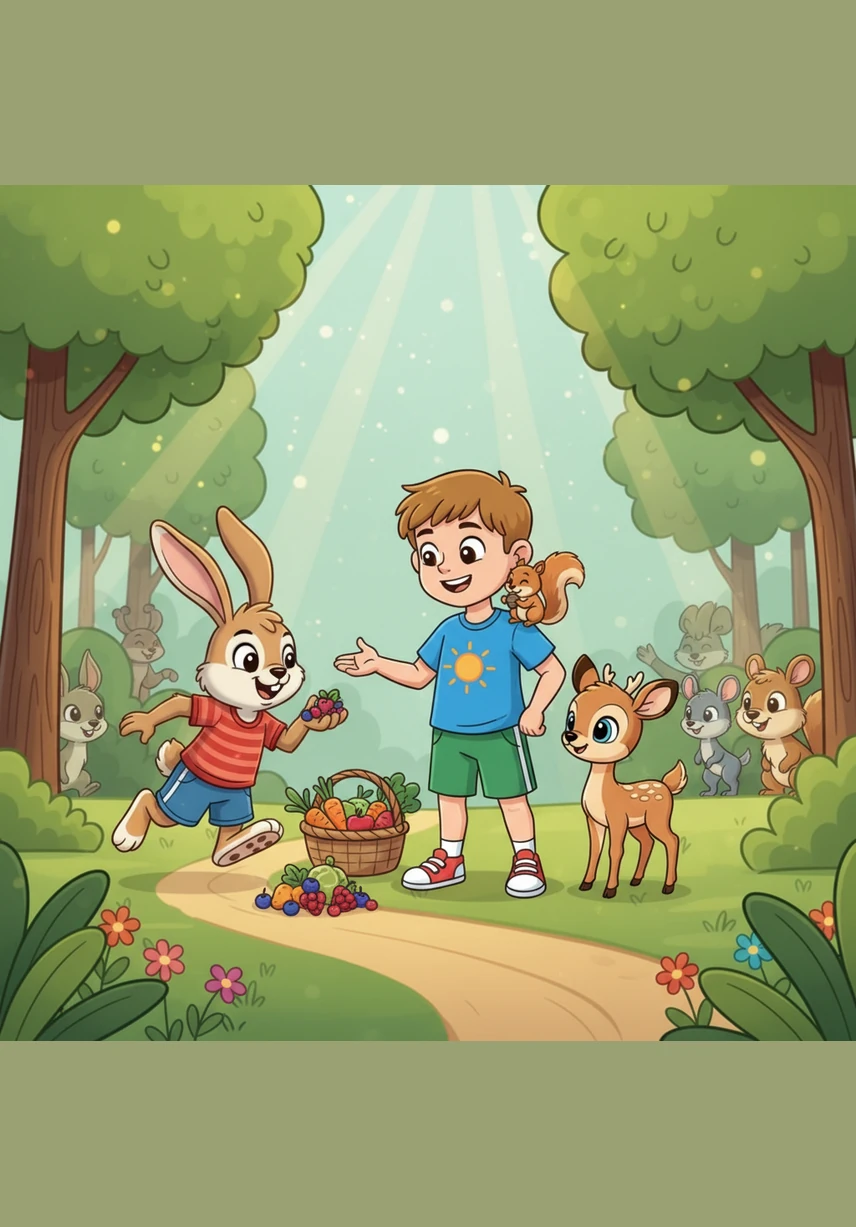 Zwierzątka poczuły się znacznie lepiej i powoli wyszły ze swoich kryjówek, aby podziękować dzieciom za ratunek. Uszatek, machając wesoło długimi uszami, postanowił pokazać nowym przyjaciołom, jak dbać o zdrowie i kondycję każdego dnia.