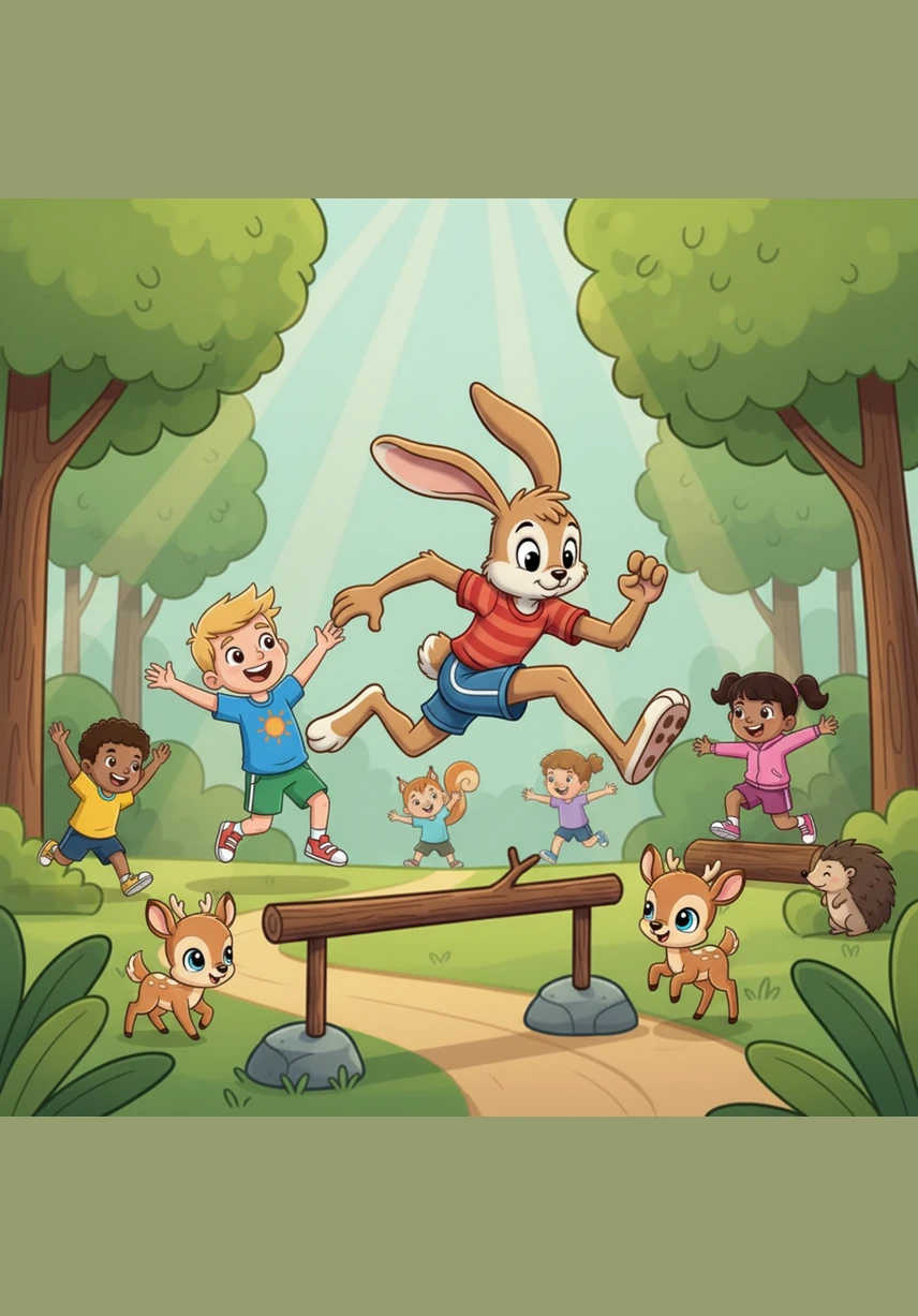 Zajączek zaczął uczyć dzieci wysokich skoków i zwinnych uników, które pomagały mu zachować sprawność przez cały rok. Dzieci z radością naśladowały ruchy zwierząt, odkrywając, jak wspaniała i radosna może być gimnastyka na świeżym powietrzu.