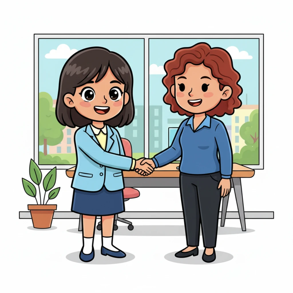 With the test complete, Riya shook hands with the HR manager once more, her grip firm and her smile bright. The manager explained the next steps, and Riya thanked her, feeling a sense of accomplishment bubbling inside.