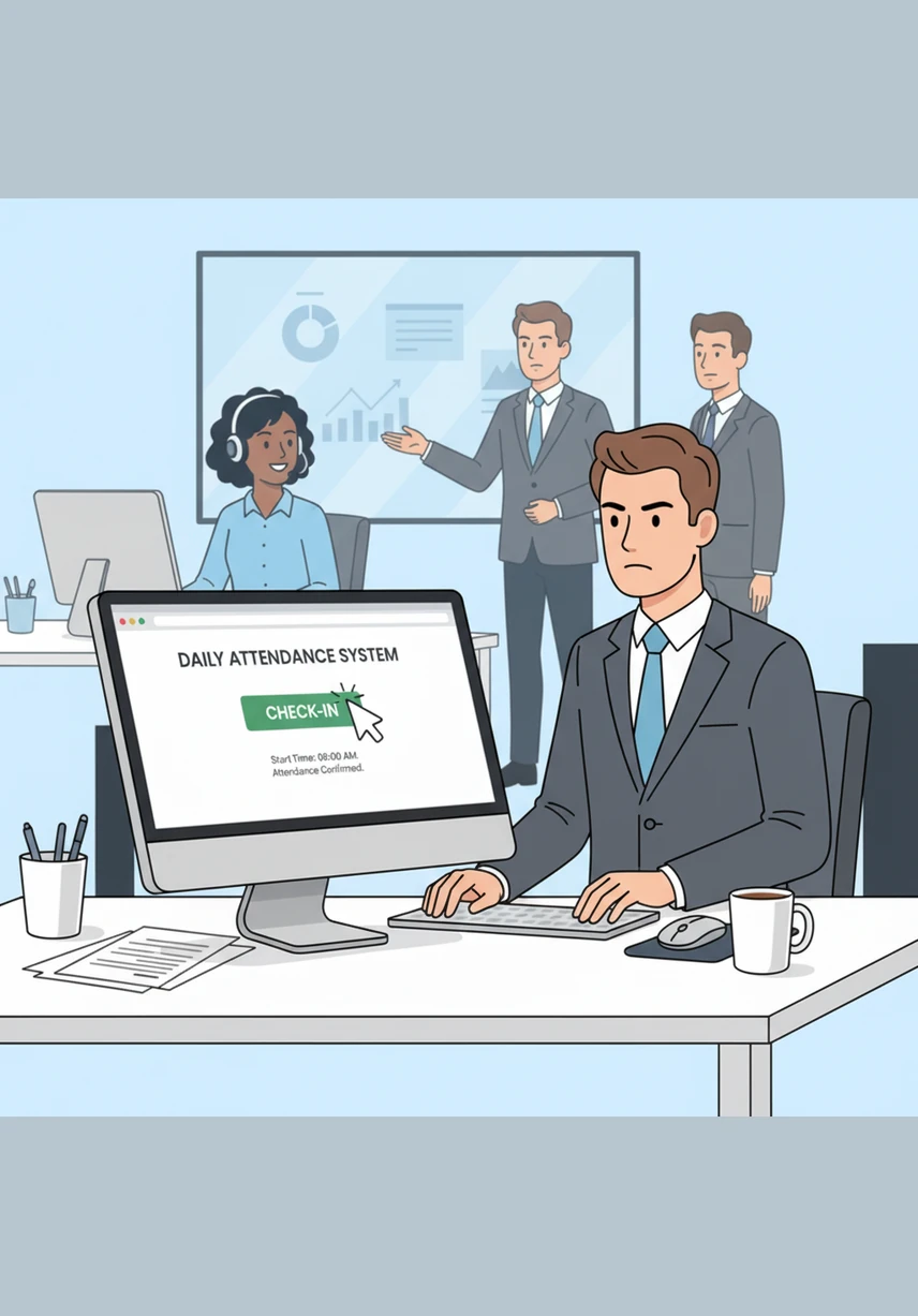 With a focused expression, Oliver navigates to the company portal to officially mark his attendance for the day. He clicks the check-in button, feeling a sense of commitment and readiness as the system confirms his start time.
