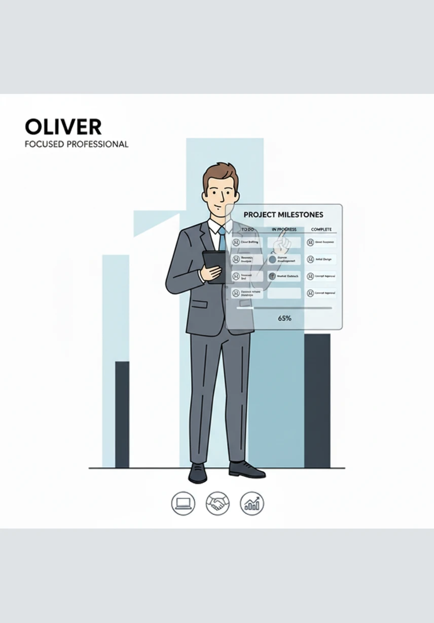 Next, he opens his digital task board, which is filled with colorful cards representing his various goals and projects. Oliver carefully updates the progress bars, moving completed items to the finished column with a satisfied and motivated smile.