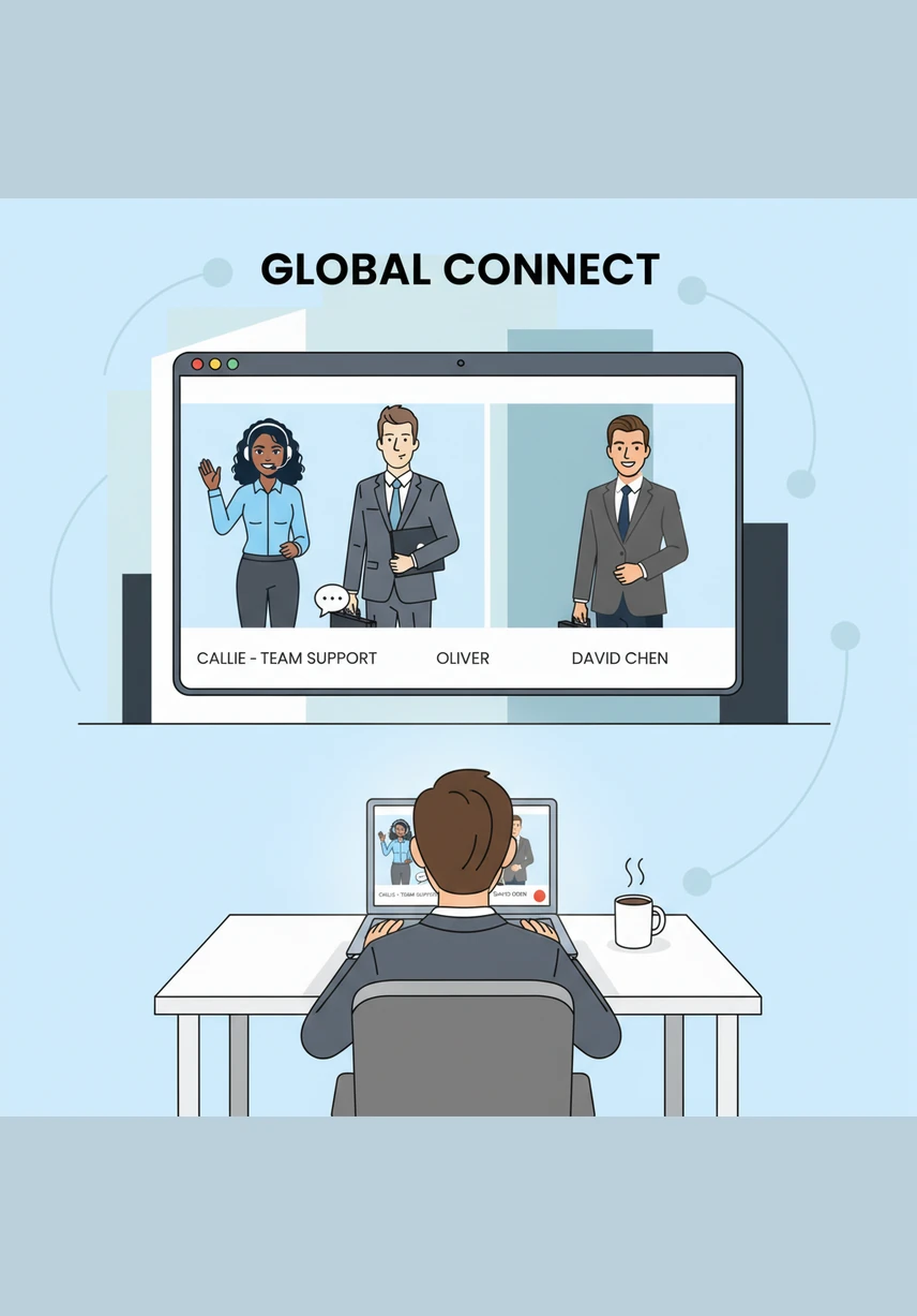 The screen quickly fills with the friendly, smiling faces of his colleagues from all over the world. They wave and greet each other warmly, bridging the physical distance with a shared sense of community and purpose.