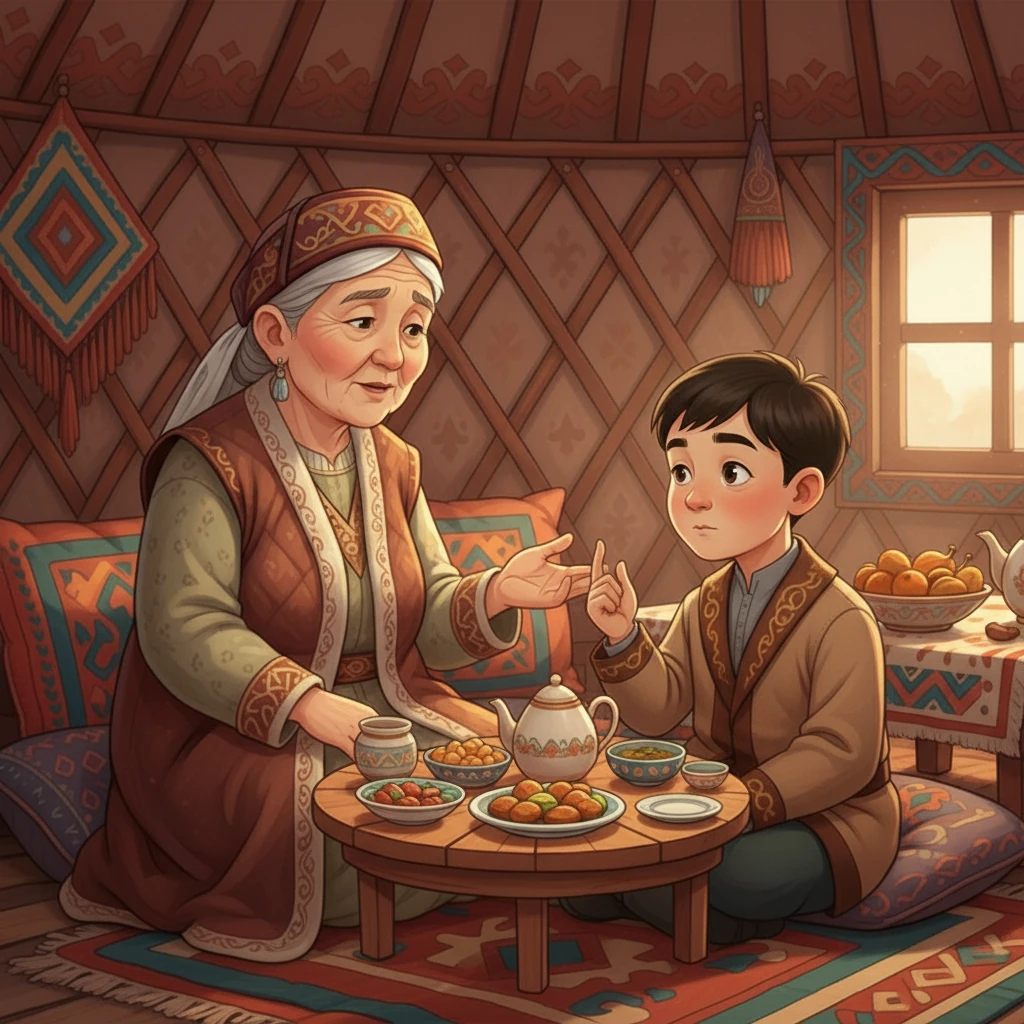 Бауыржан әжесімен бірге ас ішіп отыр. Әжесі оған жақсы тәрбие бергеніне қуанады. Бауыржан болашақта нағыз азамат болып өсуге уәде береді.