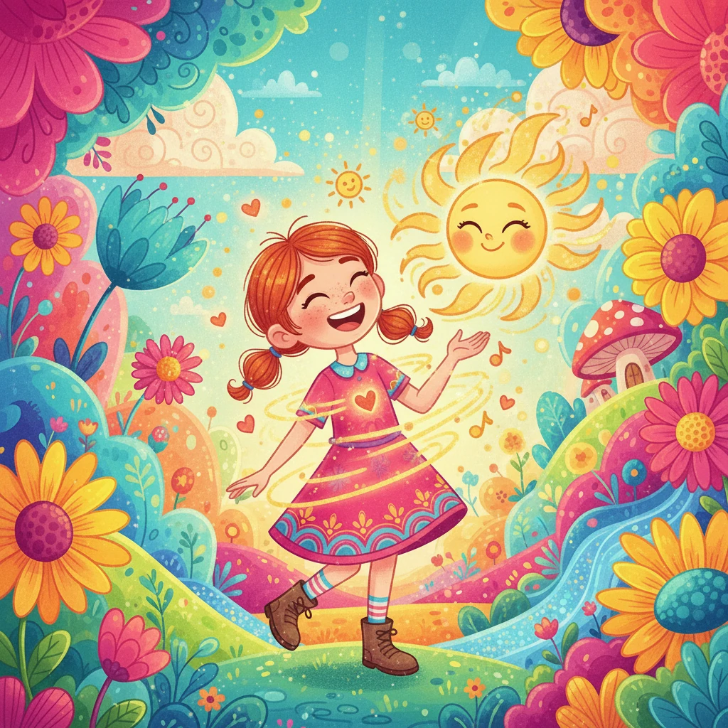 Num lindo jardim, Nina encontrou a Alegria, um raio de sol radiante. Alegria lhe ensinou a rir e a aproveitar cada momento. Nina aprendeu que a alegria a fazia sentir leve e cheia de energia, pronta para brincar.