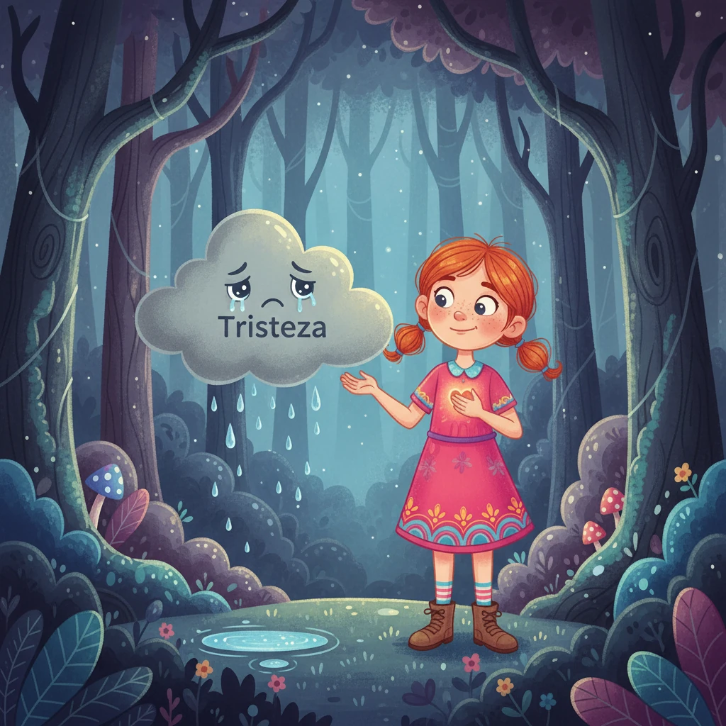 Em uma floresta escura, Nina encontrou a Tristeza, uma nuvem cinzenta que chorava suavemente. Tristeza lhe ensinou que chorar é normal e que tudo bem não estar sempre feliz. Nina aprendeu a aceitar a tristeza e a confortar a si mesma.